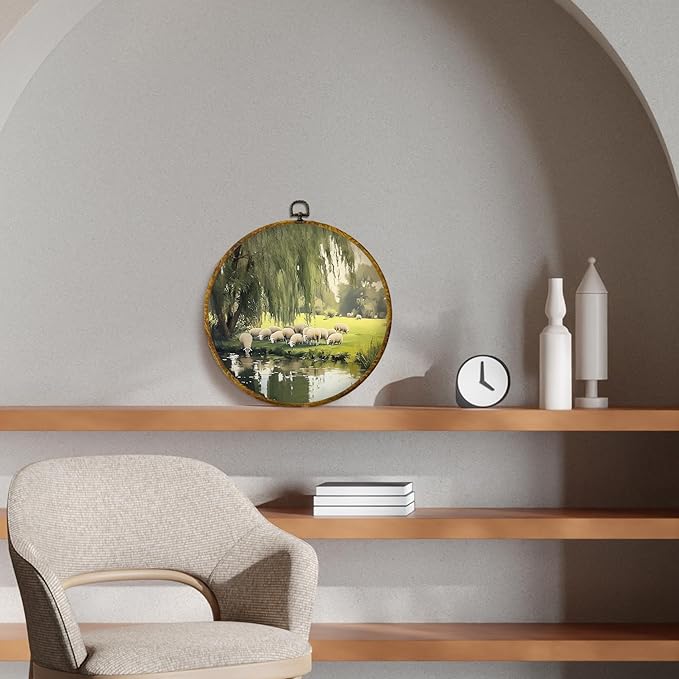 CUANFDDSF Rustic Farmhouse Sheep Round Wall Art, Retro Countryside Landscape Cottagecore Framed Hanging Wall Decor, Country Farm Life Animal Canvas Prints Decorations for Home Living Room, 10x10 Inch
