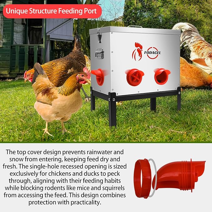 40 LB Automatic Chicken Feeder, Large Capacity Galvanized Steel Metal Feeder with 6 Adjustable Feeding Ports, No Waste Design Anti-Spill and Rodent Proof, All Weatherproof Outdoor Coop Feeders