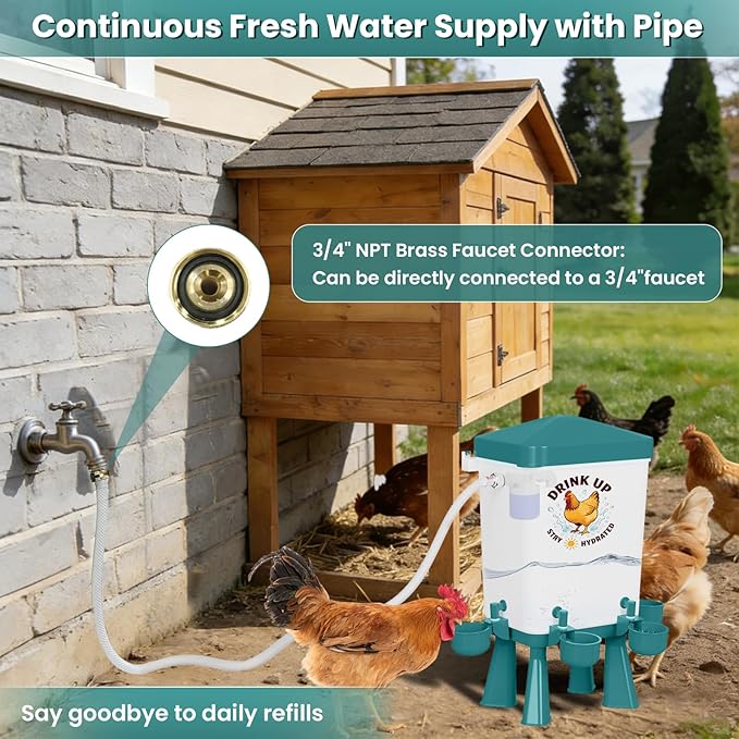 3 Gallon Chicken Feeder and Waterer Set, Large Chick Water with Automatic Float Valve, No Waste Poultry Feeding and Watering System, 4 Cups & 3 Ports, Chicken Coop Accessories for Pigeons/Quail (Blue)