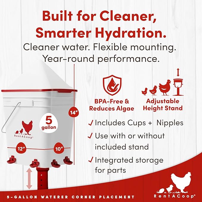 RentACoop 5 Gallon Chicken Waterer, BPA-Free Plastic Bucket Waterer Set with 4 Horizontal Nipples, Large Capacity Poultry Waterer - Corner Placement