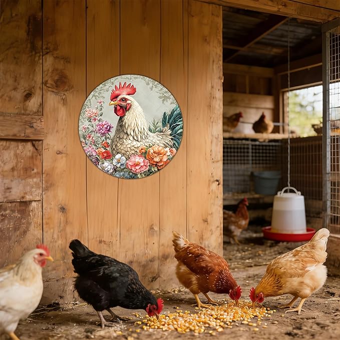 Chicken Coop Hen Round Vintage Metal Tin Sign Flower Kitchen Farmhouse Wall Signs Vintage Wall Art Decoration Poster for Chicken Lovers Decor 8 Inch
