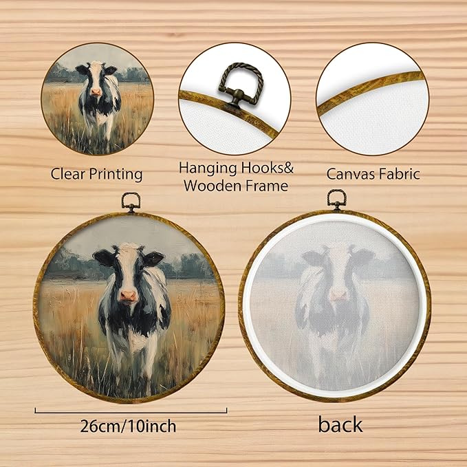 Hiuwevt Vintage Cow Round Wall Art Decor, Cottagecore Milk Cow Framed Canvas Prints, Rustic Farmhouse Animal Round Wall Hanging Decor for Country Home Living Room Decorations, 10x10 Inches