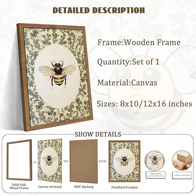 Framed Vintage Bee Wall Art, Cottagecore Floral Botanical Decor, Rustic Garden Insect Pictures Poster, Oval Bumblebee Canvas Print Wall Decor for Bedroom Living Room 8x10 inch