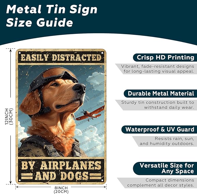 Vintage Pilot Metal Sign Easily Distracted By Airplanes And Dog Metal Poster Home Kitchen Garden Garage Coffee Bathroom Man Cave Aluminium Sign Art Wall Decor Plaque 12x8 Inch