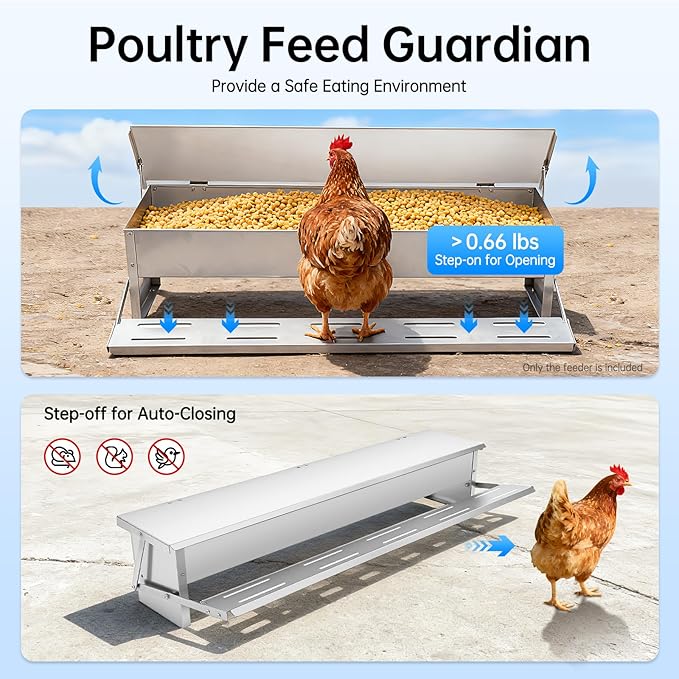 Automatic Chicken Feeder, Metal Treadle Feeder with Weatherproof and Rat Proof Lid 22 Lbs Large Capacity Poultry Trough No Spill Poultry Feeders for Chickens Ducks Geese