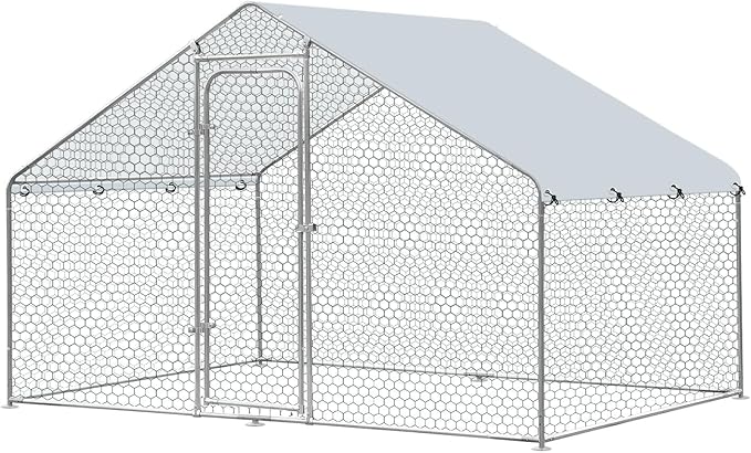 Large Metal Chicken Coop, Chicken Coop Run for 6/10 Chickens, Walk-in Chicken Runs for Yard with Anti-UV Cover, Spire Roof Hen House for Backyard, Duck Rabbit Cage Poultry Pen 6.6 x 9.8 x 6.5 ft