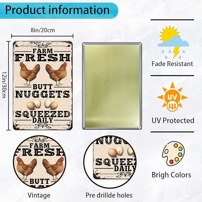 Funny Chicken Coop Tin Sign Vintage Farm Fresh Butt Nuggets Chicken Metal Sign Home Kitchen Outdoor Farmhouse Garden Wall Decor Poster 12x8 Inch