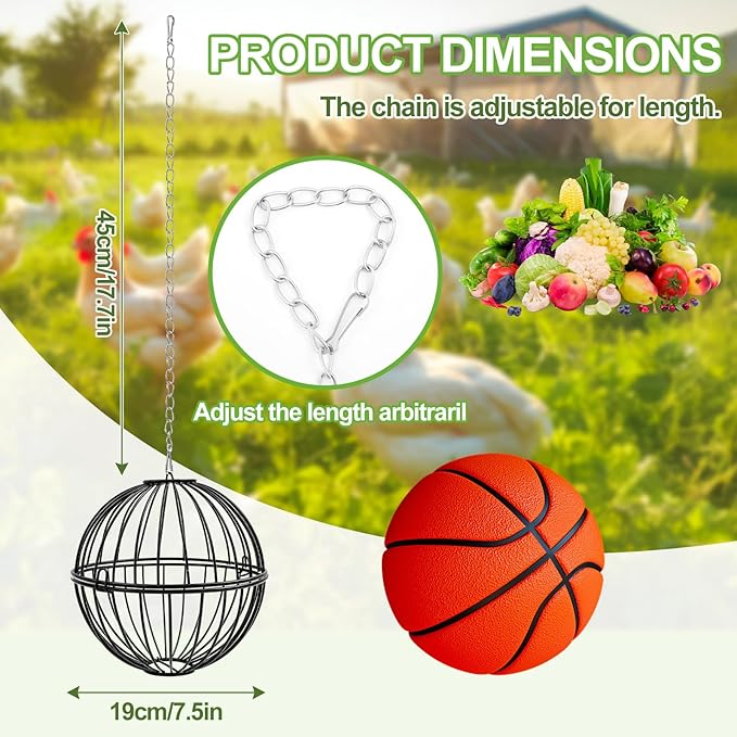 4 Pack Hanging Chicken Feeders for 10+ Chicken, 7.5 Inch Iron Rodent-Proof Duck Treat Dispenser Balls with 17.7 Inch Adjustable Hanging Chain for Feed and Toys, Weatherproof & Easy Install