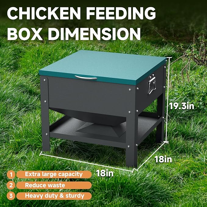 Automatic Metal Chicken Feeder,80lb Large Capacity Portable Gravity Chicken Feeder Box with Weatherproof Lid, No Waste Poultry Feeder for Geese, Ducks(Green Lid)