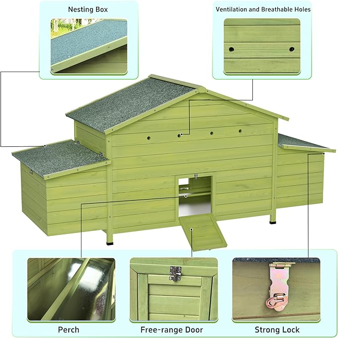 Wooden Chicken Coop for 2-4 Chickens, 69.9" Large Chicken House Poultry Pet Hutch with 2 Sides Nesting Boxes, Outdoor Chicken Tractor with 2 Free-Range Doors Leakproof Tray, Green