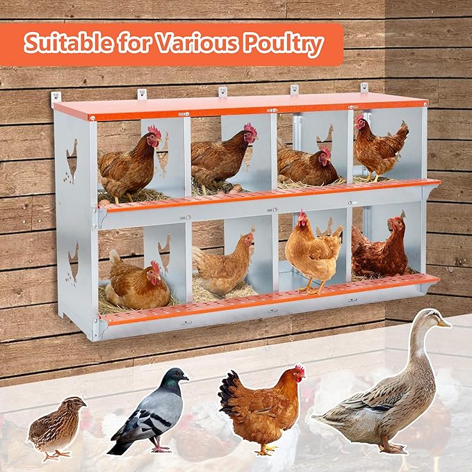 Chicken Nesting Boxes 8 Hole Roll Away Nesting Boxes with Vented Holes & Soft Nesting Pads Wall Mountable Laying Boxes for Hens Easy Egg Collection for Chicken Coop, Backyard, Farms, Orange