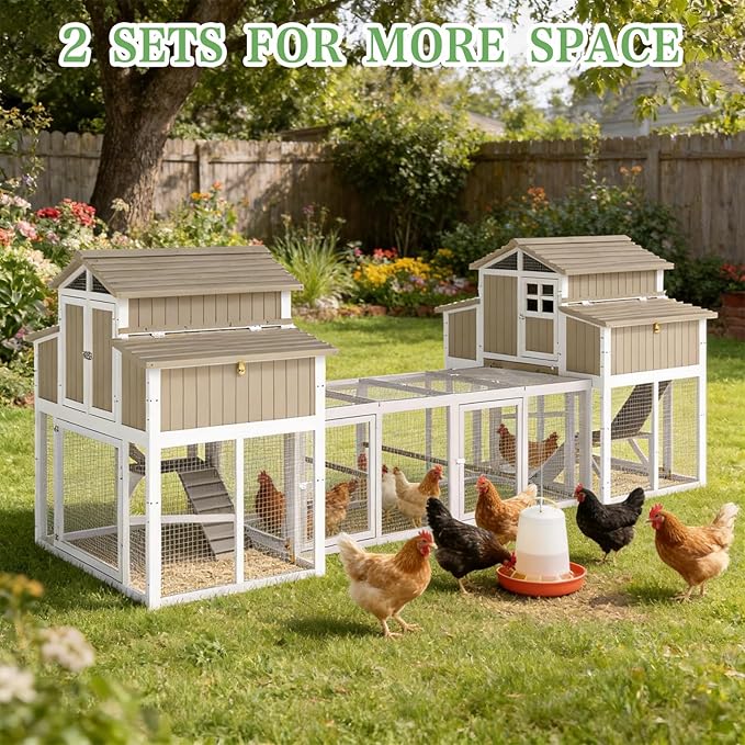 115.36"L 2-Story Chicken Coop with Extra Large Run Cage,Chicken House Hen House with 2 Large Nesting Boxes,Expandable Poultry Cage for 4-6 Hens with 6 Perching Bars,Pull-out Tray,Ramps(Grey)