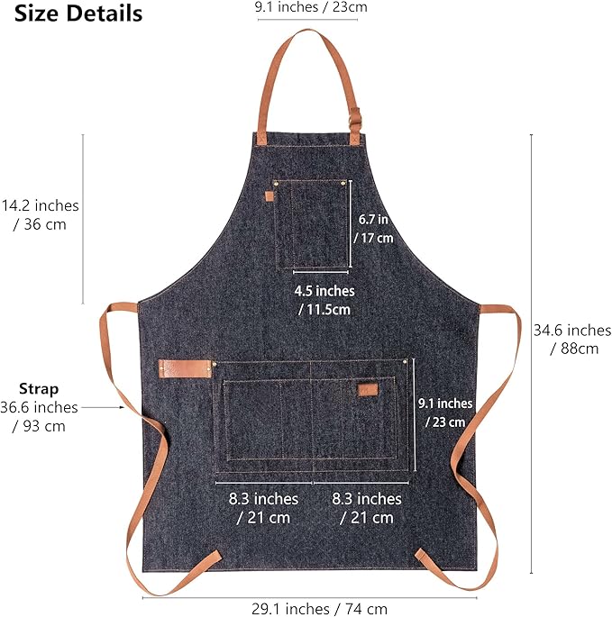 Denim Apron with Pockets Tall Bib Apron Large with Long Ties Adjustable - Gifts for Men Women