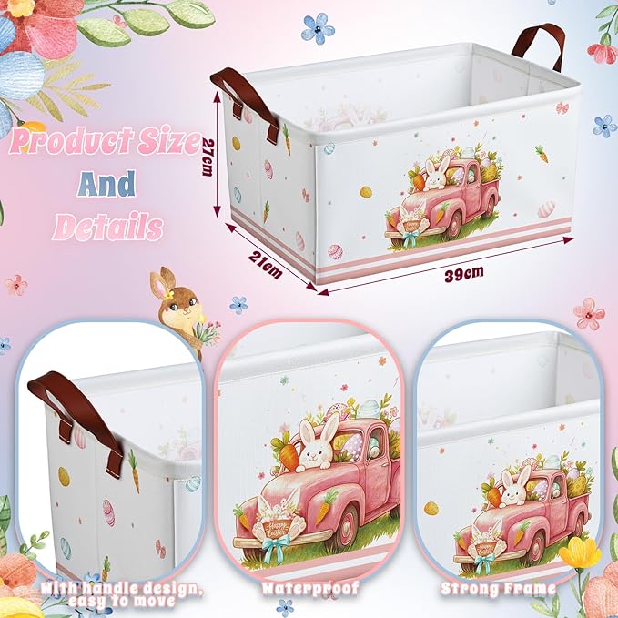 CHENGU 6 Pack Easter Storage Bin Collapsible Easter Basket for Gifts Bunny Eggs Holiday Decor Large Rabbit Basket Foldable Colorful Truck Box with Handle for Bedroom Office Home