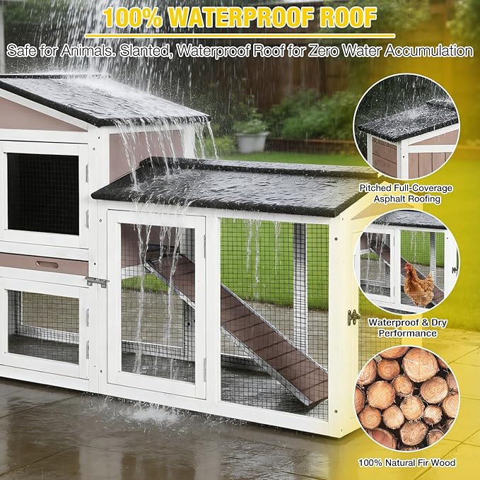 Aivituvin Chicken Coop for 2 Chickens, Outdoor Wooden Rabbit Hutch Hen House Poultry Quail Cage with Weatherproof Asphalt Roof, Leakproof Pull-Out Tray for 2 Rabbits or Small Animals