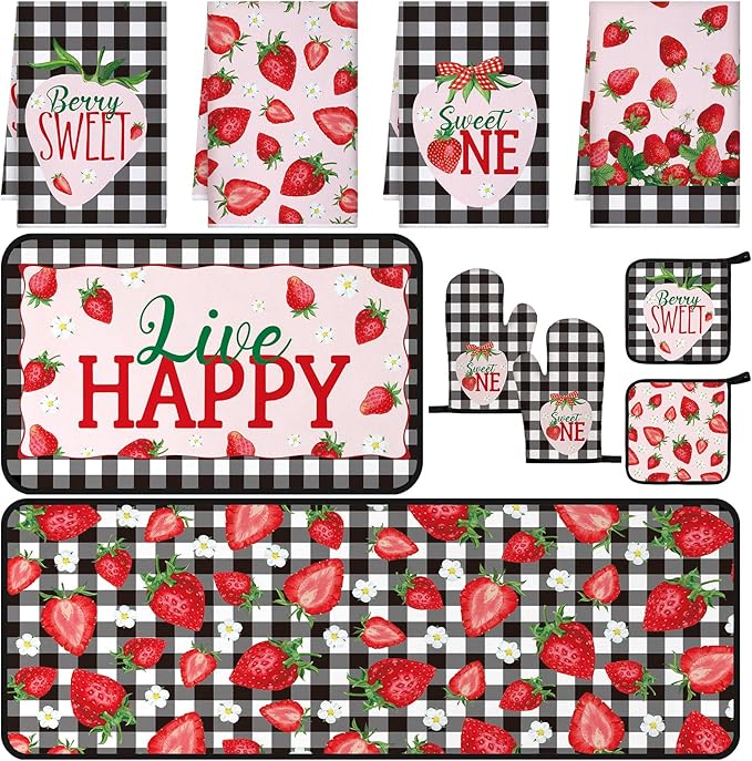 10 Pcs Strawberry Farmhouse Kitchen Decor Set Dish Towels Kitchen Rugs Oven Mitts and Pot Holders Set for Cooking Baking Grilling Women Mom Daughter Gift (Mixed Color)