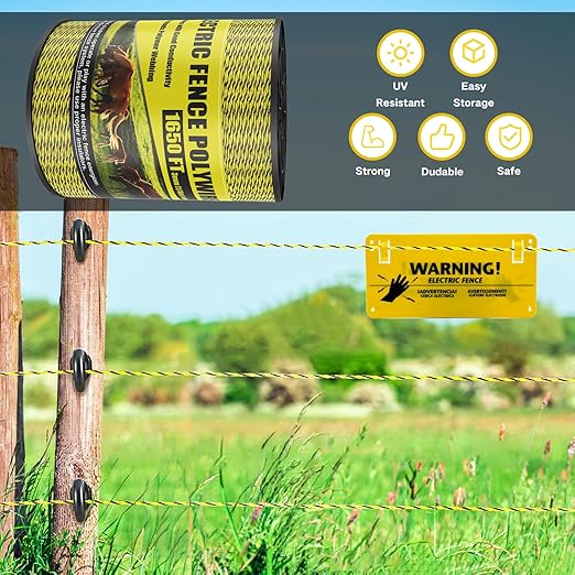Upgrade Electric Fence Polywire 1650FT,500 Meters, 6 Stainless Steel Strands for Reliable Conductivity, Portable Electric Fencing, UV Resistant, Rust Resistant, Highly Conductive, Easy to Install