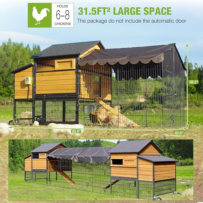 GUTINNEEN Large Chicken Coop with All Around Metal Frame Mobile Hen House with Wheels Weatherproof Duck House with Nesting Box, Outdoor Run, Perch, Leakproof Tray for 6-8 Chickens 85" L