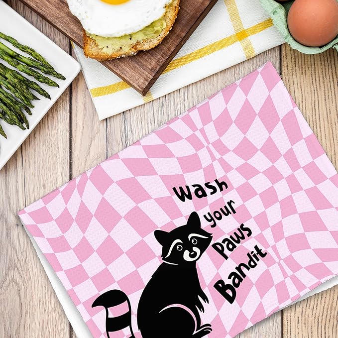 Pink Funny Raccoon Bathroom Kitchen Towels, Wash Your Paws Hand Towel for Girly Room, for Raccoon Lovers, Trendy Preppy Checkered Dish Towels Decor for Dorm Dining Room 16x24in