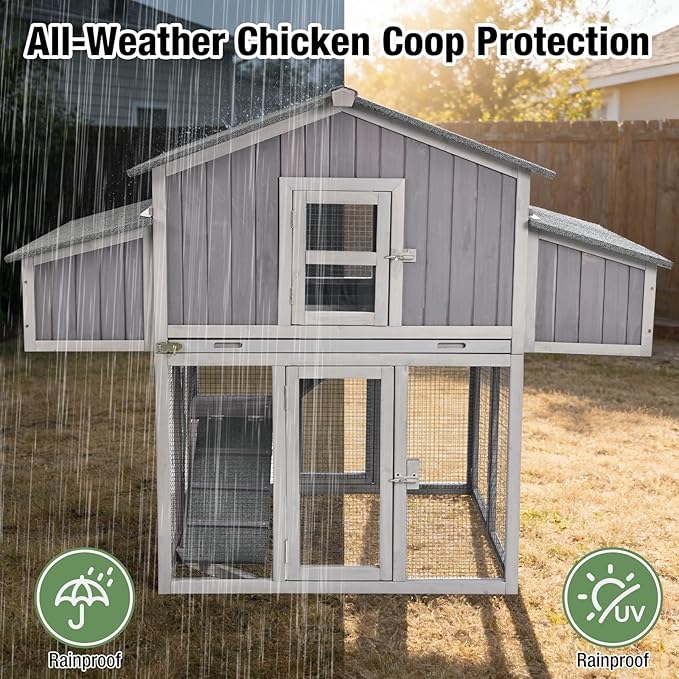 Large Chicken Coop with Unique Folding Design – Easy Assembly, Outdoor Hen House with 2 Nesting Boxes, Leakproof Pull-Out Tray, and UV-Resistant Roof (Grey)