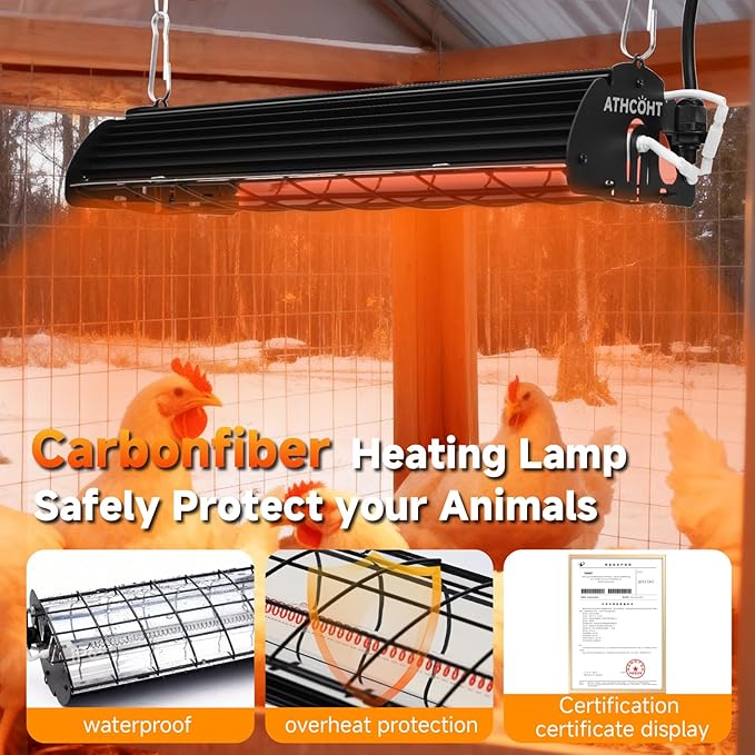 400W Heat Lamp for 60 Chickens Upgraded 12000H Large Chicken Coop Brooder Heater Carbon Fiber Bulb Waterproof Adjustable 2 Mode Temp Safe Design for Chicks Poultry Pets (Large)