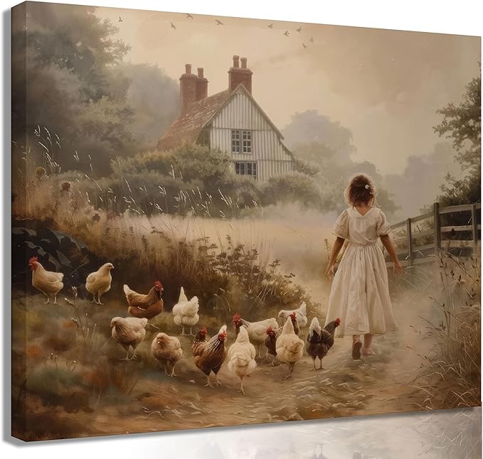 Girl Farmhouse Wall Art Chicken Farm Canvas Rustic Country Poster Brown Chickens Picture Vintage Countryside Female Print Artwork Painting Farm House Wall Decor For Bedroom Living Room Framed