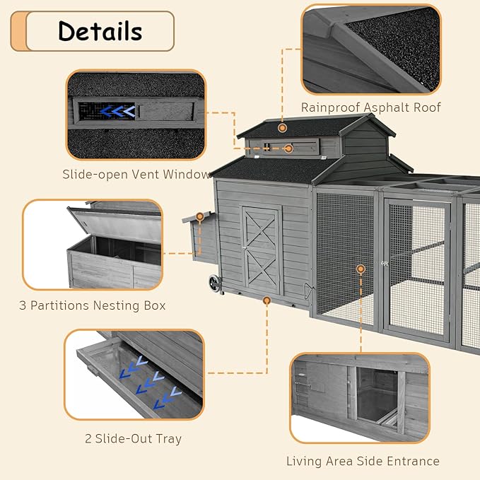 Chicken Coop for 6-10 Chickens, 112" Extal Large Chicken Coops, with Chicken Run & Nesting Box & Secure Enclosure, Outdoor Wooden Hen House Hutch for Rabbit, Poultry Pet, Duck -Grey