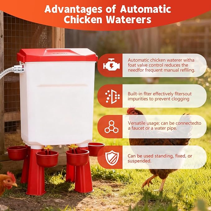 Chicken Waterer Float-Controlled Automatic Continuous Fresh Water Filtered Float- Chicken Waterer 2 Gallons Large Poultry Waterer for Duck, Quail, Turkey, Chick (Red)