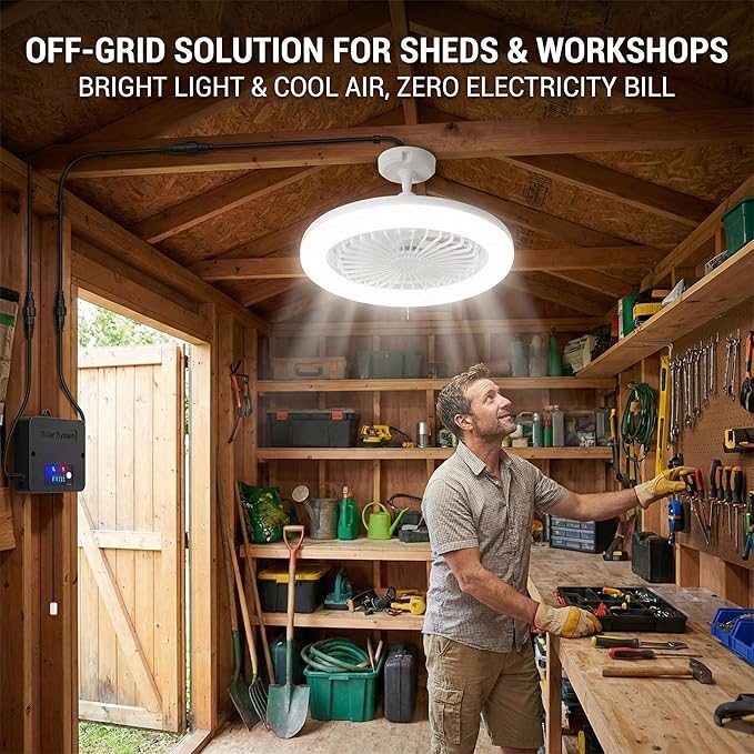 Solar Ceiling Fan with Light Indoor Outdoor, Daytime Available Solar Shed Fan Light with Pull String, 3-in-1 Modes, IP65 Waterproof for Gazebo, Shed, Barn, Patio, Chicken Coop (1 Pack)