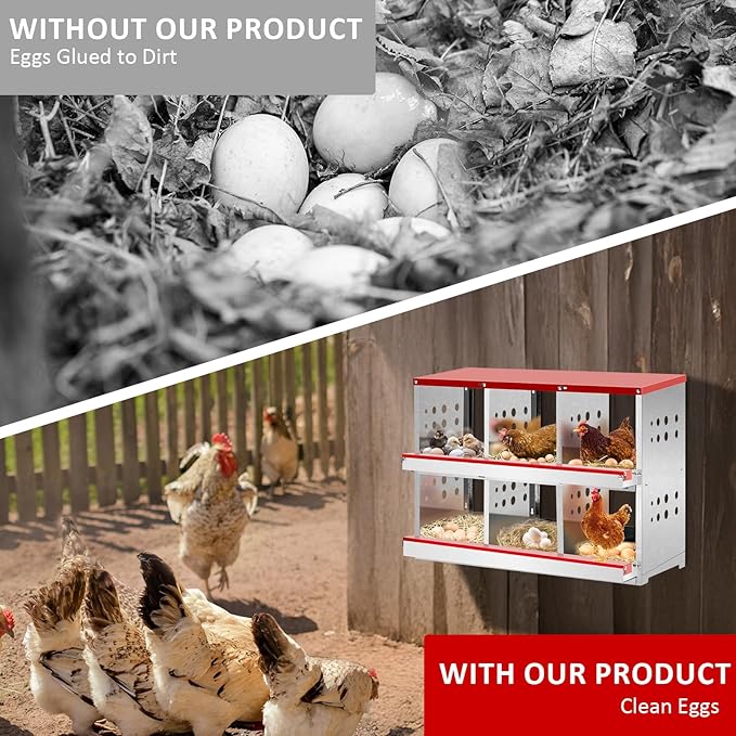 Outvita Chicken Nesting Box, 6 Compartments Roll Away Nesting Boxes, 6 Room Wall Mountable Egg Laying Boxes for Hen, Red