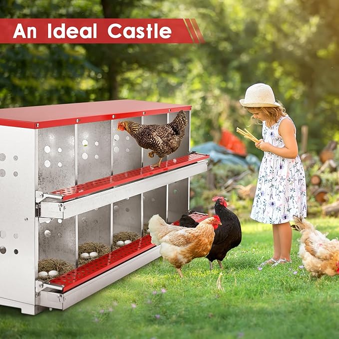 Chicken Nesting Box, 10 Compartment Metal Nesting Boxes for Chickens Laying Eggs, Rust Proofed Nest Box with Roll Away Egg Collection Laying Box for Chicken Coop Red