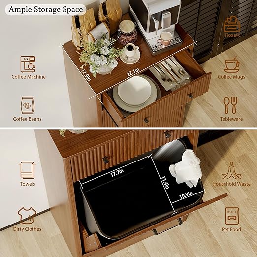 Single 10 Gallon Wood Grain Tilt-Down Trash Can Cabinet with Storage Drawer,Wood Grooved Recycling Cabinet with Wave Texture Hidden Pull-Out Trash Can for Kitchen,Bathroom (Trash Can Cabinet-Walnut)
