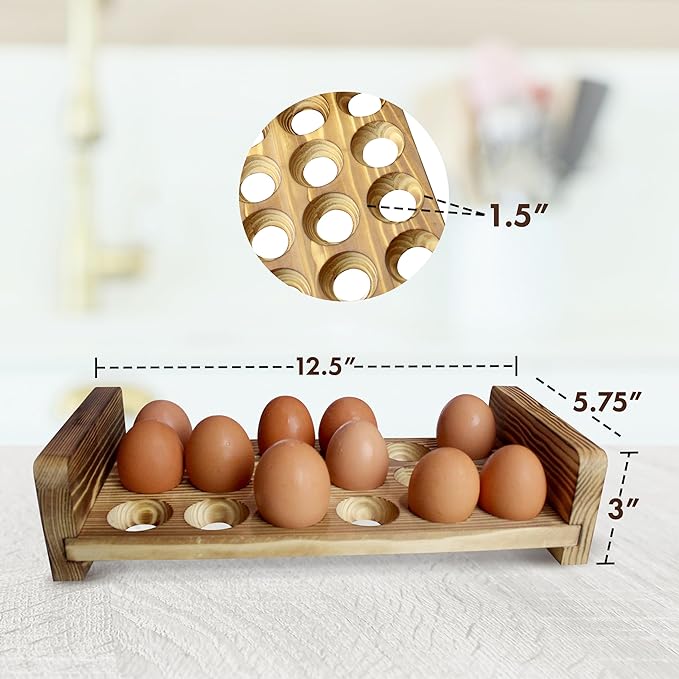 Expandable Stackable Wooden Egg Holder Countertop for 18 Eggs, Rustic Kitchen Decoration, Compact Egg Rack for Counter - Chicken Decor Design - Gui's Chicken Coop (Top Rack)