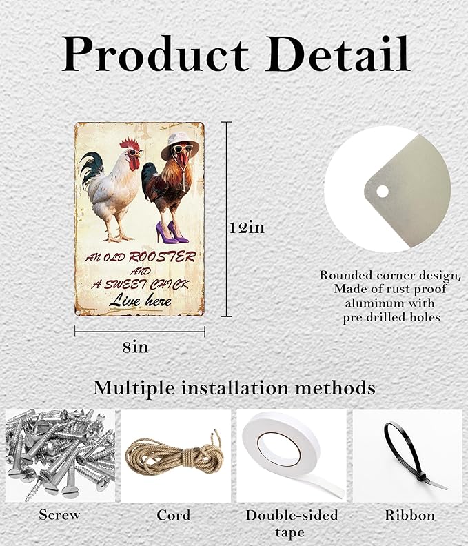 Vintage Chicken Wall Sign – 8x12” Farmhouse Rooster Decor with “AN OLD ROOSTER AND A SWEET CHICK Live here”” Quote – Rustic Waterproof Metal Plaque for Kitchen, Porch, Coop, Chicken Mom Gift - C