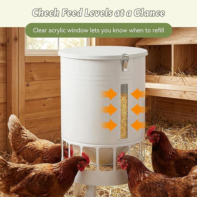 KOL 50LB Chicken Feeder & 5 Gallon Chicken Waterer Set, All-Metal 16 Port Feeder + 8 Cup Auto Waterer, No Waste, Weatherproof Poultry Feeding System Chicken Coop Accessories