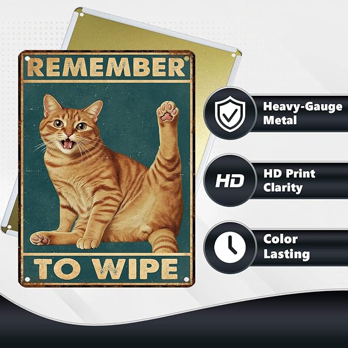 Retro Orange Tabby Tin Sign Remember To Wipe Vintage Cat Wall Decor Funny Nostalgic Metal Poster Cat Lovers Decorations for Home Bathroom Toilet Indoor Bedroom 16 * 12 In