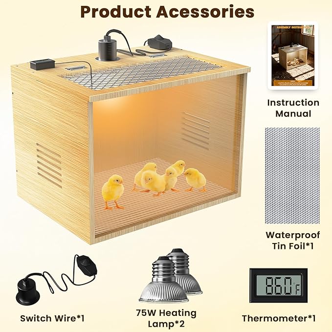 Chicken Brooder Box for Chicks Starter Kit, 16 Inch Wooden Chicken Brooder Box with 75W Heating Lamps, Thermometer and Tin Foil, Poultry Breeding Kit, for 5-7 Chicks Ducks Quail Hamsters