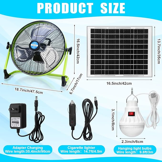 Sumind 14 Inch Portable Rechargeable Fan,15000mAh 20W Battery Powered, Solar Powered Camping Fan with Panel and Light for Outside, Home, Travel, Chicken Coop, Dog House, Shed, Greenhouse