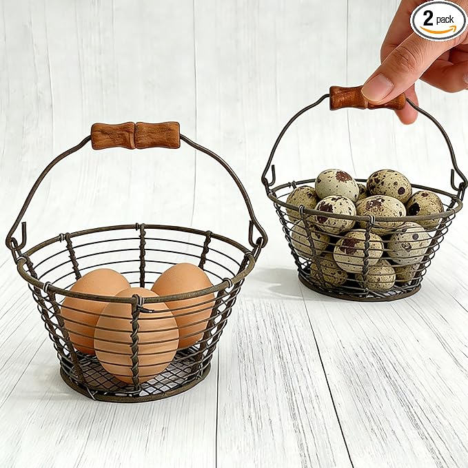 Mini Wire Egg Basket for Gathering Fresh Eggs with Lay-Flat Handle, Small Easter Hunts and Chicken Egg Collecting Basket 2 Pack, Farmhouse Rustic Kitchen Countertop Storage
