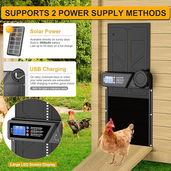 Automatic Chicken Coop Door Solar Powered, LCD Display Automatic Chicken Coop Door with Timer, Waterproof Aluminum Alloy Chicken Door with Remote Control, Charge with Solar Panel & USB