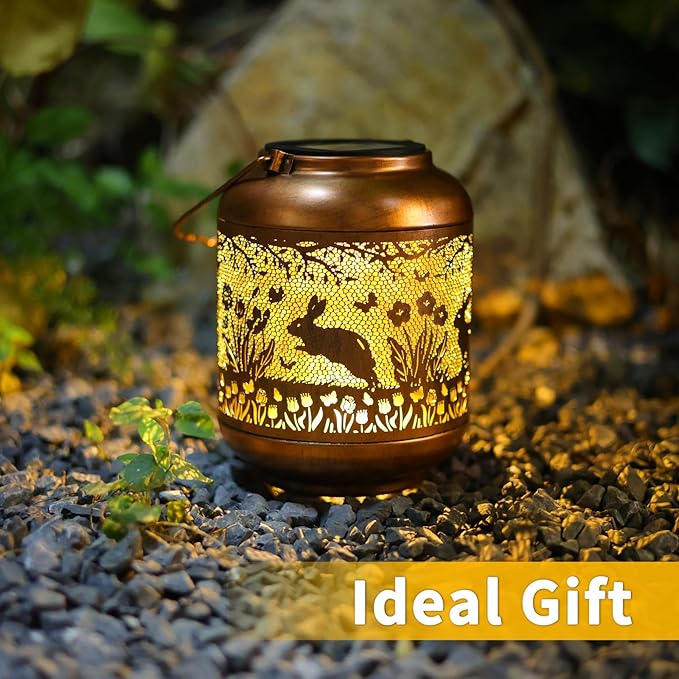 Rabbit Solar Lanterns Outdoor Waterproof-Hanging Solar Lights Bunny Gifts for Women Mom Grandma Metal Decorative LED Lantern Outside for Garden Decor,Yard,Patio,Lawn,Porch,Backyard,Pathway