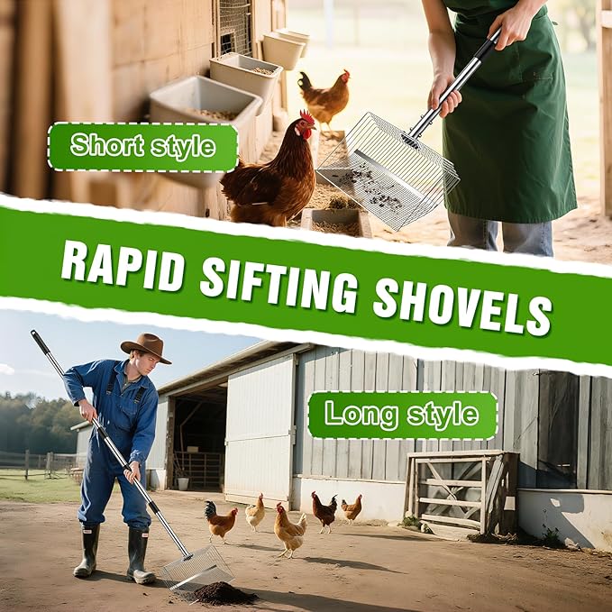 15-inch Large Chicken Poop Scooper, Heavy Duty Adjustable Chicken Coop Scoop for Sand with Ergonomic Grip,5-in-1 Heavy Duty Adjustable Metal Chicken Coop Scoop with 24 to 68"