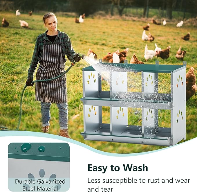 6 Compartment Chicken Nest Box, 6 Room Galvanized Steel Rustproof Metal Nesting Boxes, Chicken Egg Collection Laying Box for Hens