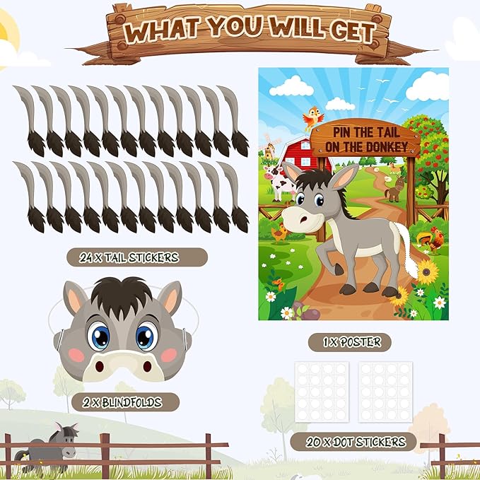 Faccito Farm Animal Games Pin The Tail on The Animals Barn Birthday Party Decorations Farm Poster Games with 24 Stickers Eye Mask for Family Activities Birthday Party Decor Supplies (Donkey)