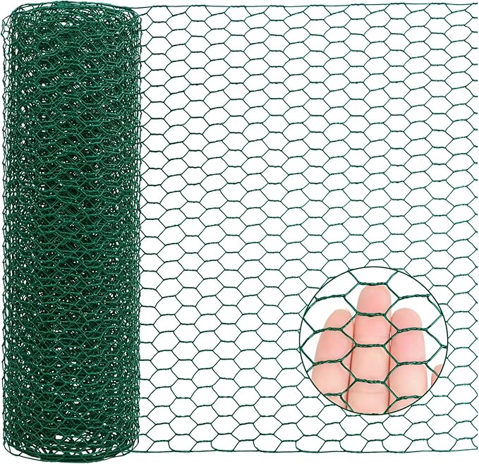 15.7” x 157” Chicken Wire for Floral Arrangements, 0.6” Hexagonal PVC Coated Galvanized Chicken Wire Mesh, Green Lightweight Fencing Wire for Garden
