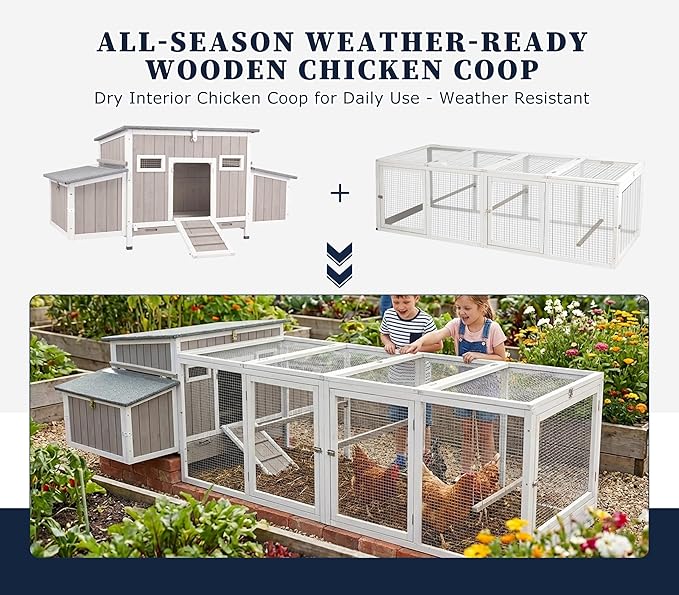 Outdoor Chicken Coop Wooden Hen House with Run for 2-4 Chickens Hens Coop for Backyard Weatherproof Roof, Nesting Box, Roosting Bar, Pull-Out Tray for Small Pets Rabbit (COOP84+RUN88)