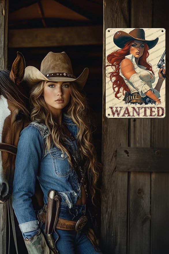 HARIKUIYIN Rustic Cowgirl Metal Tin Sign Wall Art Retro Western Decor Wanted Pin Up Girl Sign 16x12 Inch