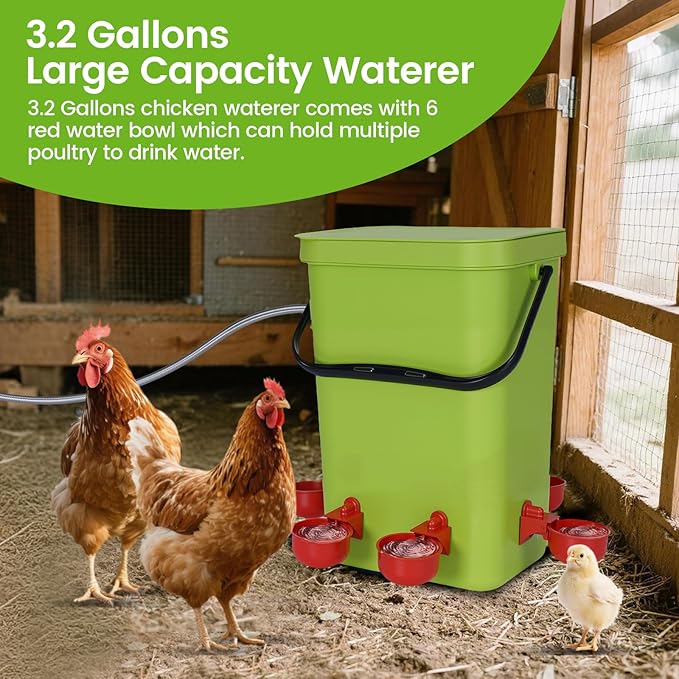3.2 Gallon Chicken Waterer，Automatic Poultry Waterer Feeder with Float Valve,Hanging Automatic Chicken Water with Hose (One End 3/4") Poultry Waterer Dispenser for Quail Duck Goose Turkeys