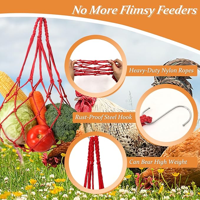 3 PCS Hanging Chicken Feeder for Vegetable Fruit,Chicken Foraging Toy with Stainless Steel Hook,Treat Dispenser Poultry, Hens, Duck