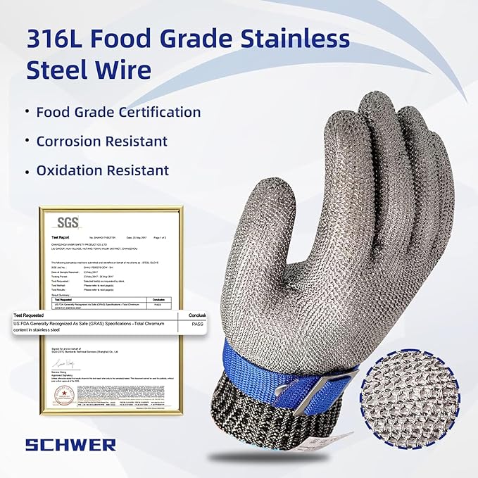 Schwer 10 Pcs SlicePro ANSI A9 Cut Resistant Glove PR1706, Stainless Steel Mesh Metal Glove, Food Grade for Kitchen Cooking, Butcher Meat Cutting, Oyster Shucking, Mandoline, Fishing, M